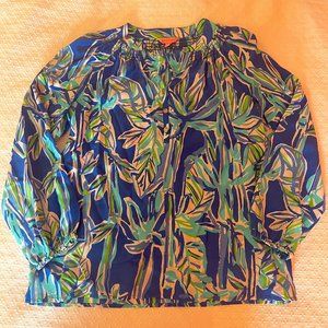 Lilly Pulitzer Elsa Blouse - Silk Blue Shirt with Gold Buttons (Size M)